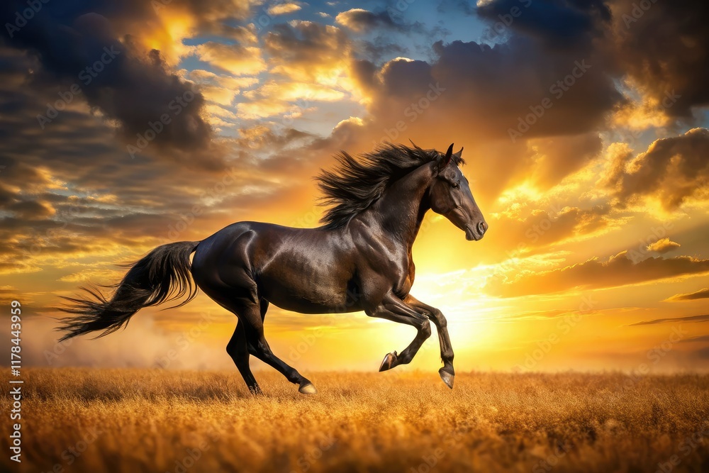 Black Horse Silhouette Running Field Dawn Black Horse Silhouette Running Field Dawn