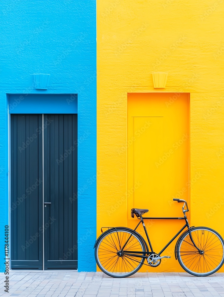A vibrant image of a black bicycle leaning against a bright yellow wall, contrasting with a blue wall and a black door. A vibrant image of a black bicycle leaning against a bright yellow wall, contrasting with a blue wall and a black door.