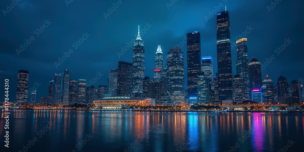 Naklejka premium Nighttime Metropolis: A breathtaking cityscape, bathed in the ethereal glow of twilight, where towering skyscrapers reflect in the shimmering waters.