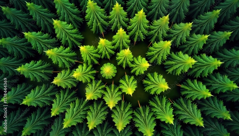 Dense green trees arranged in symmetrical pattern create nature-inspired background. Detailed foliage design makes artistic image of forest. Could depict sustainable eco park. Aerial view highlights Dense green trees arranged in symmetrical pattern create nature-inspired background. Detailed foliage design makes artistic image of forest. Could depict sustainable eco park. Aerial view highlights