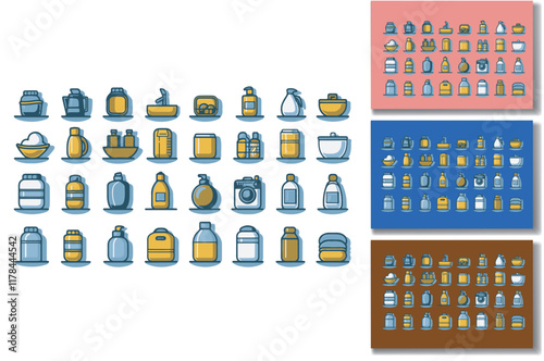 Set of containers for cosmetics, hygiene, household chemicals and food.
