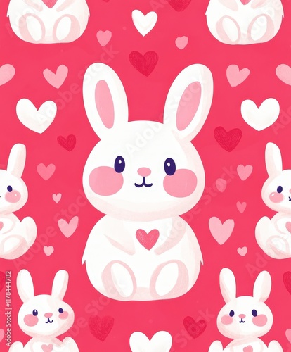 Delightful white rabbits adorned with vibrant hearts frolic against a soft pink backdrop, embodying the spirit of love and joy this Valentine's Day.