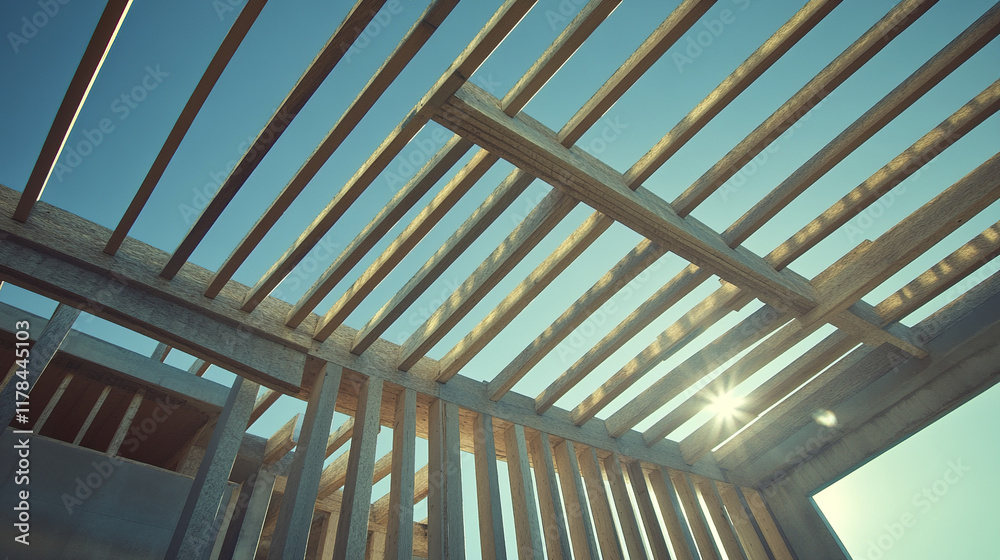 Obraz premium Newly constructed wooden frame of residential house under clear sky