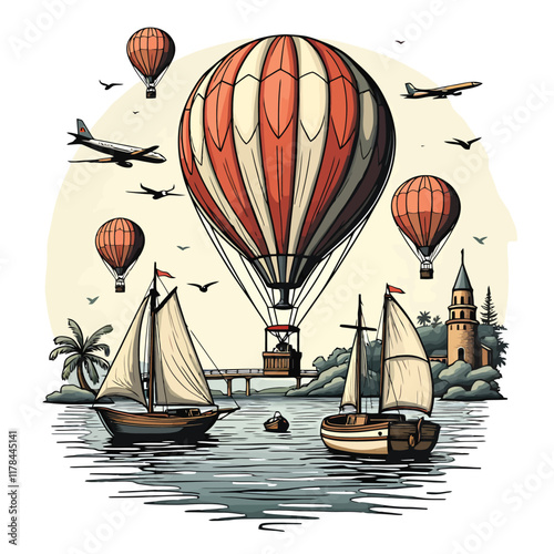 a hot air balloon flying over the water