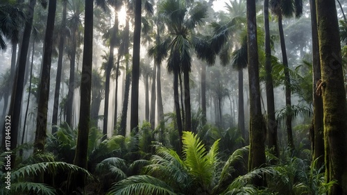 Serene Morning: A Misty Nikau Palm Forest Bathed in Gentle Sunlight