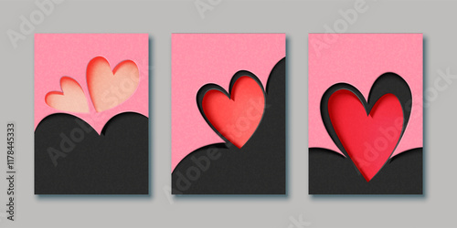 Set of Valentine's day and Love concept. Minimal 3D Paper cut os heart shape. Vector illustrations for greeting cards, backgrounds, web banners, social media banners.