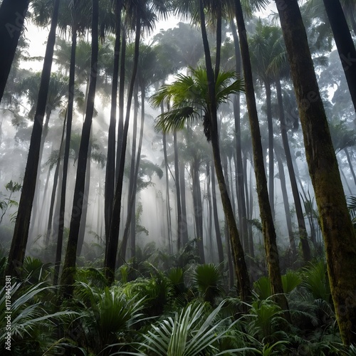 Whispering Mist: Soft Sunlight Over a Nikau Palm Forest at Dawn photo