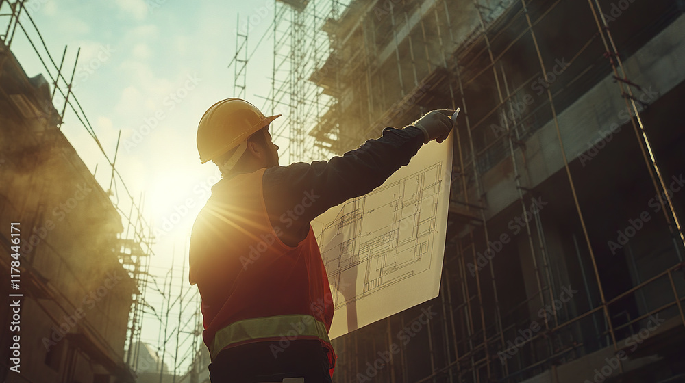 Fototapeta premium Engineer on site reviewing blueprints at construction site