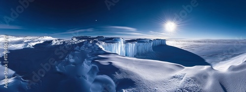 A captivating perspective of a high-altitude ice shelf with surreal ice formations and a rare, bright planetary conjunction casting celestial shadows over the frozen expanse, Ice shelf scene photo