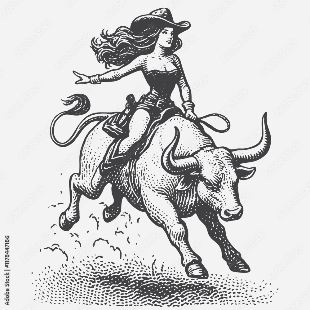 Fototapeta premium Cowgirl in full rodeo action, riding bull.