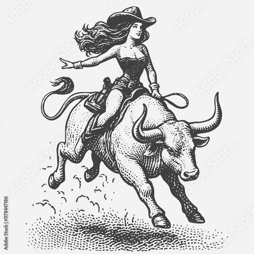 Cowgirl in full rodeo action, riding bull.