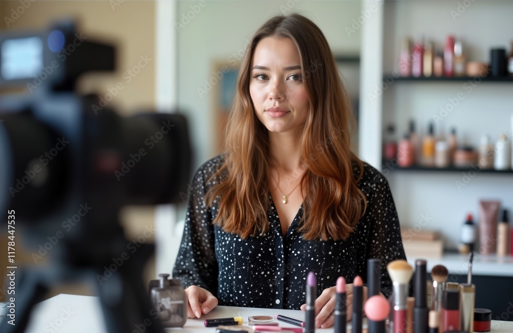 Naklejka premium Beauty influencer films makeup tutorial. Woman with long hair demonstrates makeup application skills. Cosmetic products arranged on table. Influencer filming tutorial in home studio. Trendy lifestyle