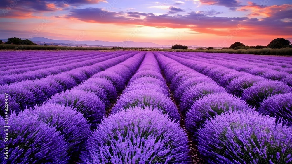 Fototapeta premium A serene lavender field under the twilight sky, with rows of purple flowers stretching to the horizon. captures the tranquility and beauty of nature