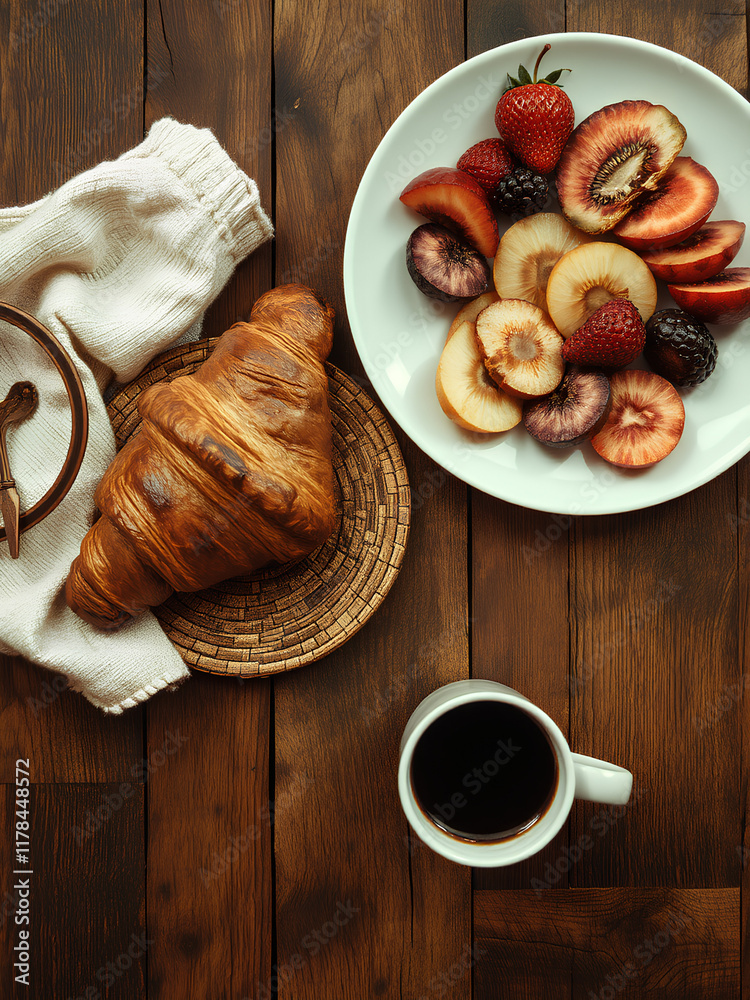 Top View of Breakfast Table with Coffee and Croissant Top View of Breakfast Table with Coffee and Croissant