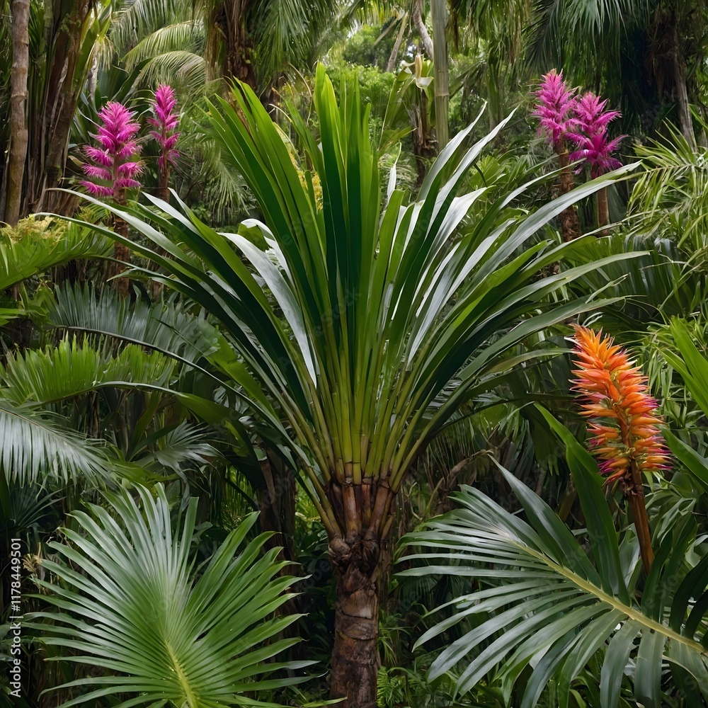 Tropical Flourish: Nikau Palm in Bloom Amidst a Diverse Ecosystem Tropical Flourish: Nikau Palm in Bloom Amidst a Diverse Ecosystem