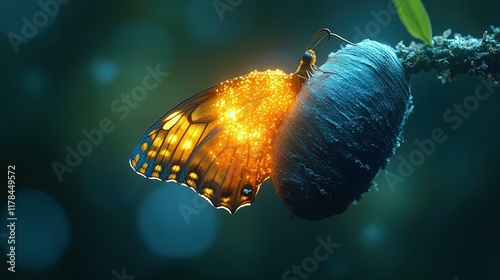 Luminous Butterfly Emerging From Chrysalis Night