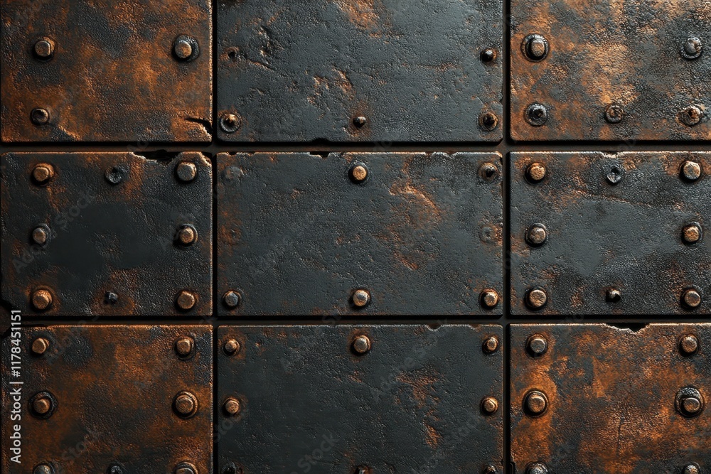 Rustic dark metal plates with rivets, showing texture and age. Ideal for backgrounds needing industrial, steampunk, or grunge aesthetic. Rustic dark metal plates with rivets, showing texture and age. Ideal for backgrounds needing industrial, steampunk, or grunge aesthetic.