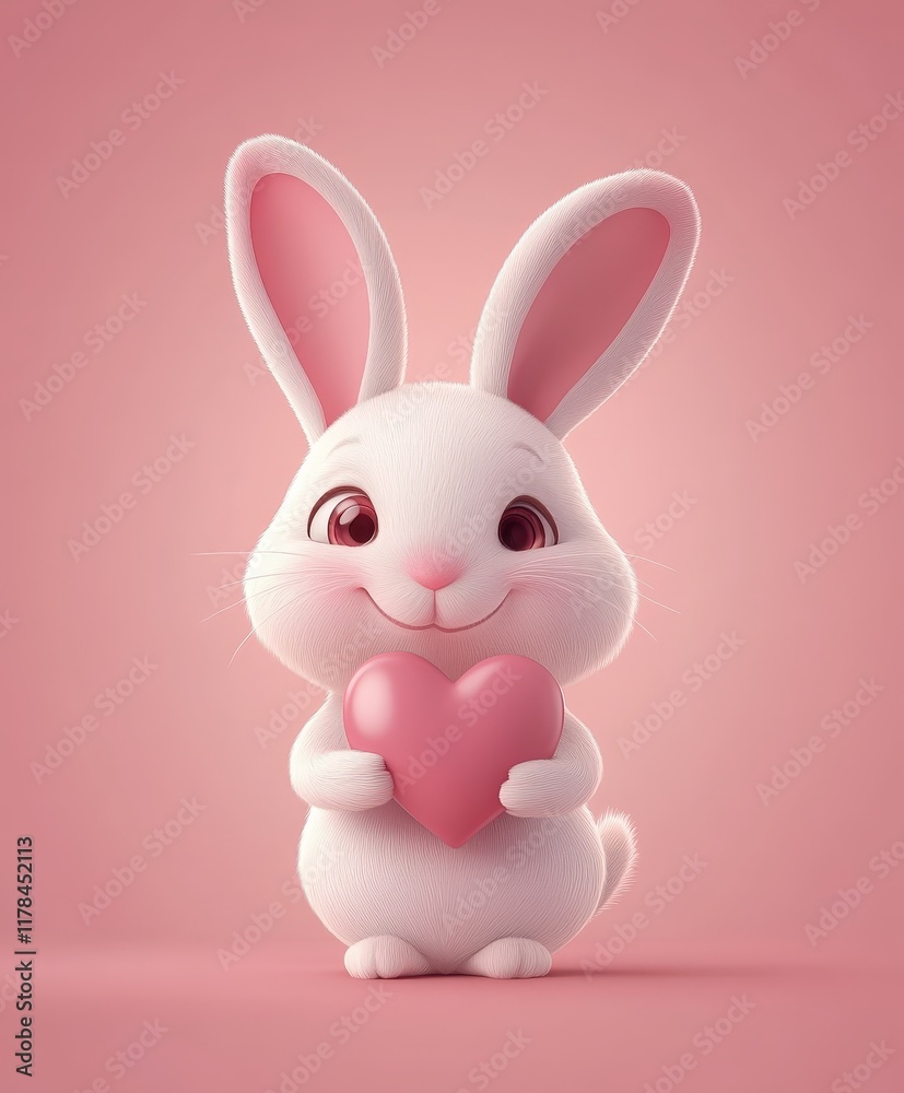 A charming white rabbit cradles a soft pink heart, embodying the spirit of love and affection on Valentine's Day. A charming white rabbit cradles a soft pink heart, embodying the spirit of love and affection on Valentine's Day.