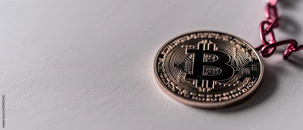 Bitcoin Cryptocurrency Coin on Chain  Closeup Detail