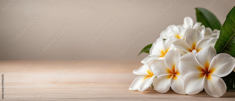 Obraz premium Serene White Plumeria Flowers on Wood Table