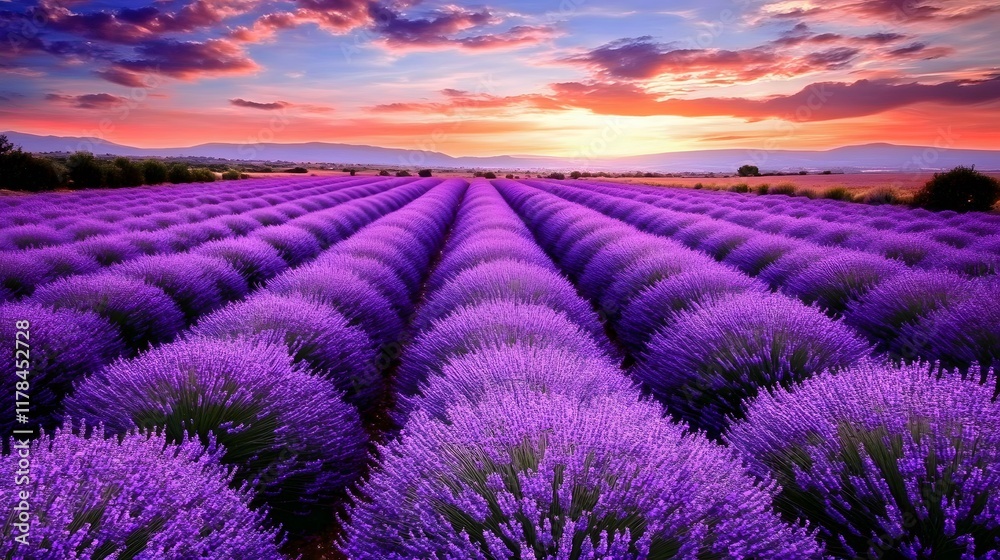 A serene lavender field under the twilight sky, with rows of purple flowers stretching to the horizon. captures the tranquility and beauty of nature A serene lavender field under the twilight sky, with rows of purple flowers stretching to the horizon. captures the tranquility and beauty of nature