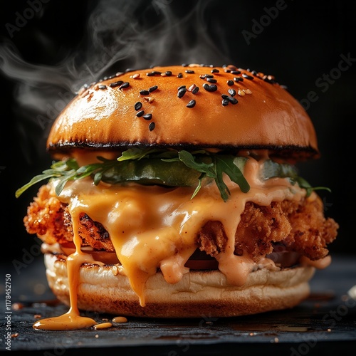 Deliciously cheesy burger with crispy chicken.