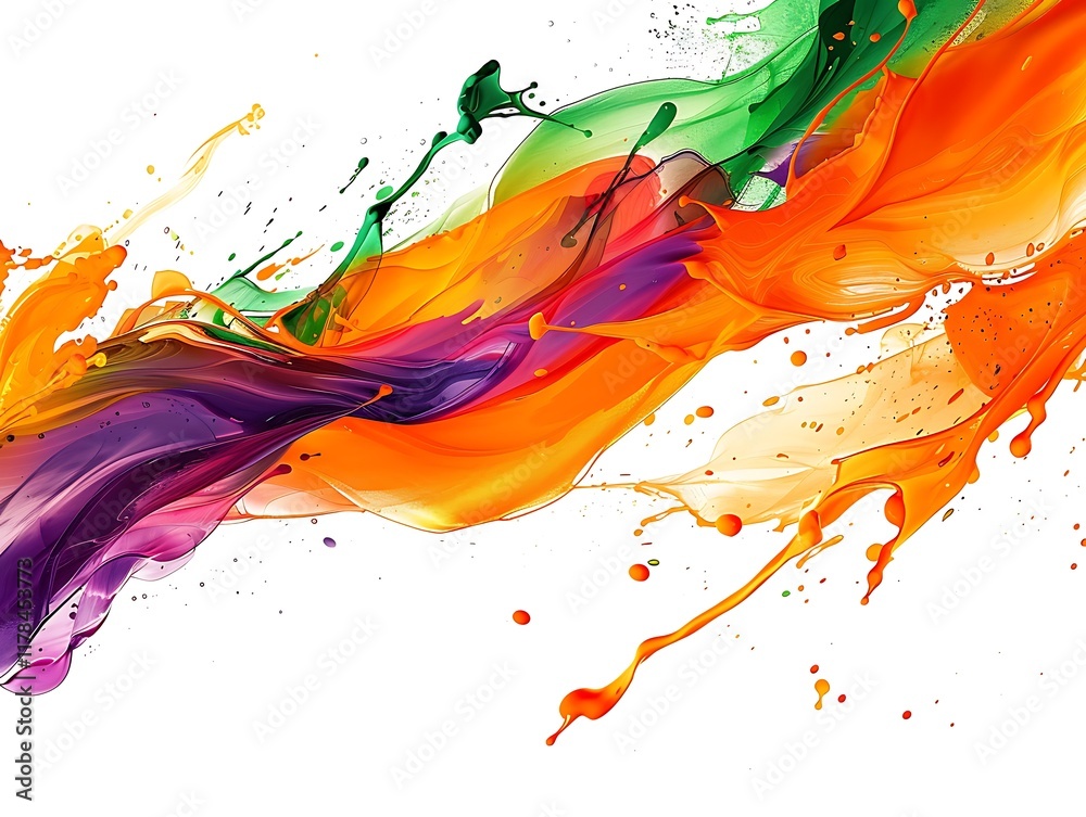Fototapeta premium Bright splashes of orange, green, and purple creating a dynamic abstract design on a solid white background.