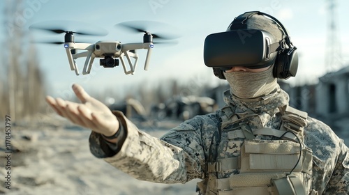 Military technology in action - soldier operating drone, precision, tactical control, advanced equipment, aerial surveillance, strategic planning, remote operation, battlefield innovation. photo