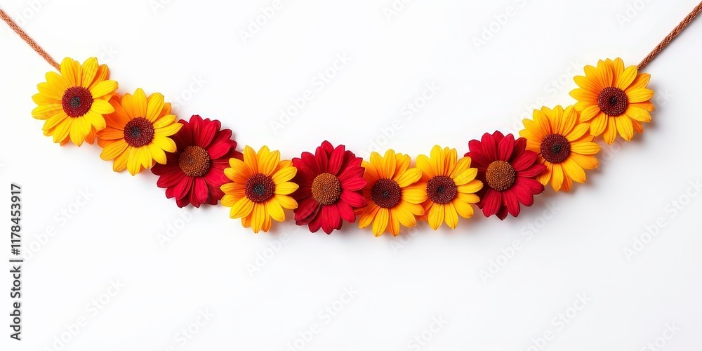 Fototapeta premium Sunflowers and Red Flowers Garland: A cheerful garland of felt sunflowers and red flowers, perfect for adding a touch of autumnal charm to any space. Diwali, makar sankranti, holi, new year