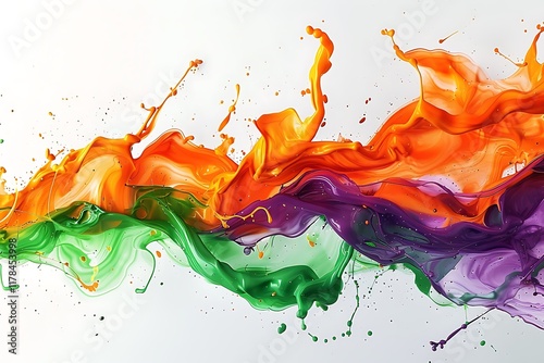 Bright splashes of orange, green, and purple creating a dynamic abstract design on a solid white background.