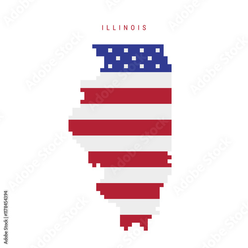 Illinois pixel flag map icon. 8 bit pixel art map covered with american flag. Flat vector illustration isolated on white background.