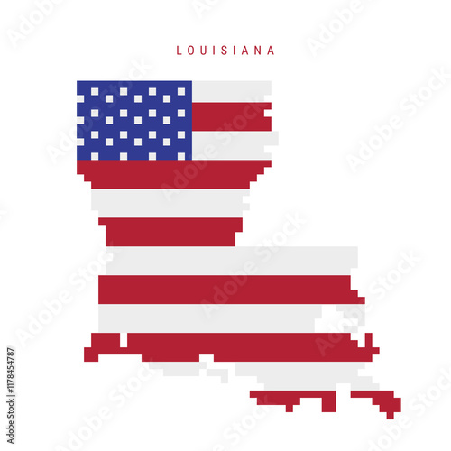 Louisiana pixel flag map icon. 8 bit pixel art map covered with american flag. Flat vector illustration isolated on white background.