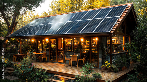 Eco-Friendly Restaurant with Solar Panels: A Sustainable Design in a Serene Garden Setting