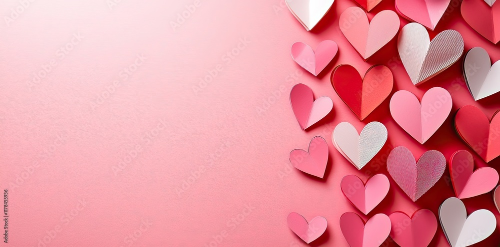 A flat lay composition of an envelope and paper hearts on pink background, symbolizing love letters for Valentine's Day A flat lay composition of an envelope and paper hearts on pink background, symbolizing love letters for Valentine's Day