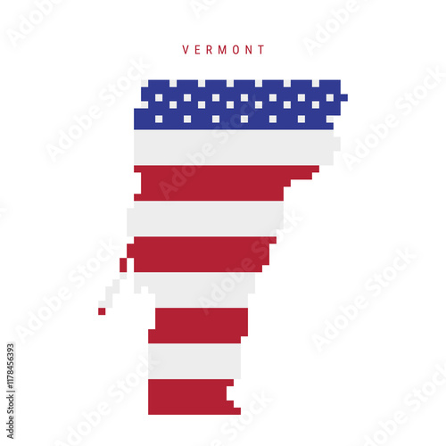 Vermont pixel flag map icon. 8 bit pixel art map covered with american flag. Flat vector illustration isolated on white background.