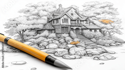 A detailed sketch of a cozy stone house by the woods, paired with a yellow pen ready to bring it to life.