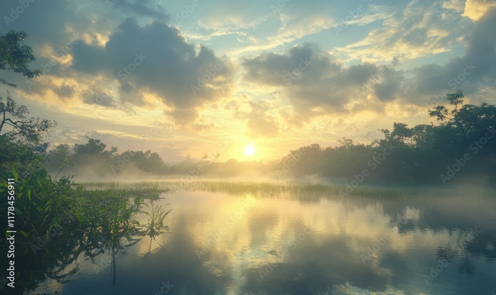 Fototapeta premium Misty sunrise over jungle river, reflection, calm
