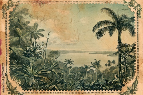 Fototapeta Naklejka Na Ścianę i Meble -  Vintage postage stamp with jungle backgrounds painting outdoors.