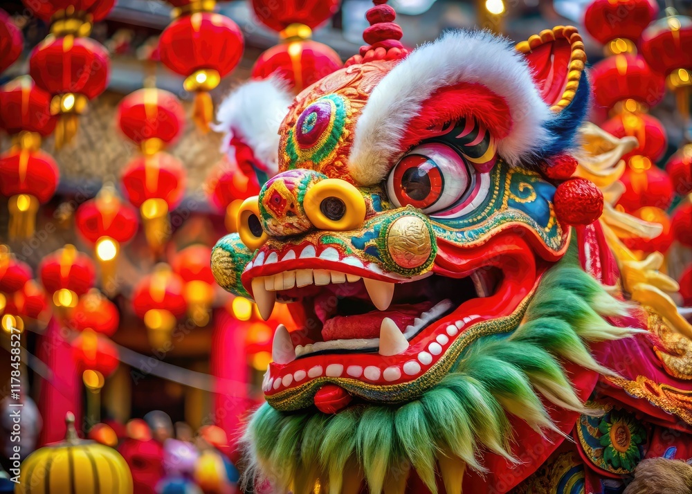Chinese Lion Head, New Year Ceremony, Red Lantern Background, Festive Photo Chinese Lion Head, New Year Ceremony, Red Lantern Background, Festive Photo