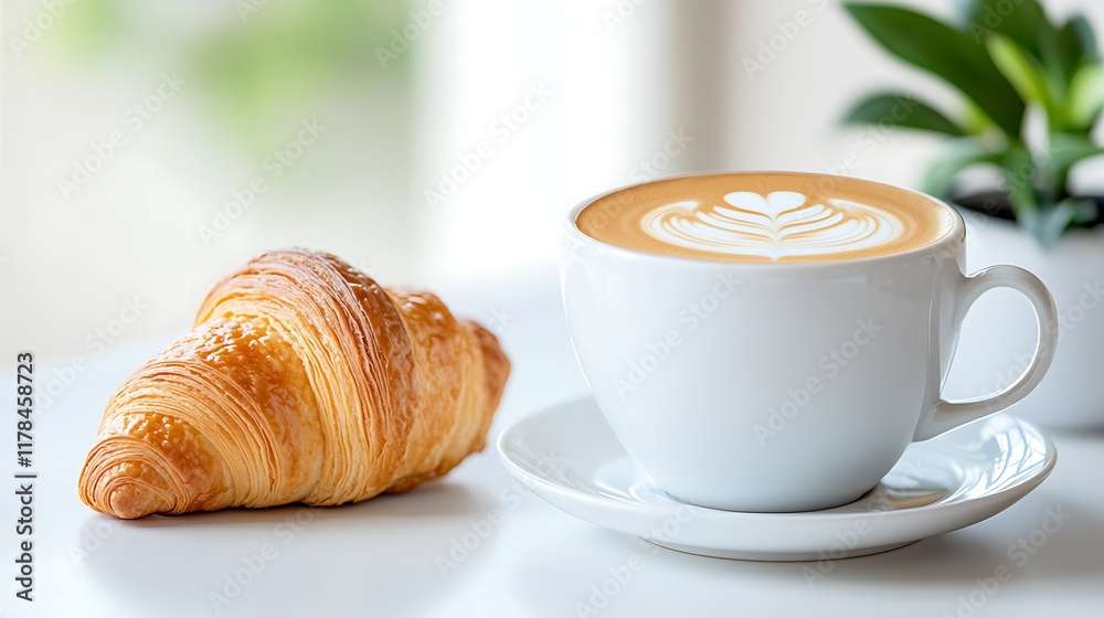 Buttery croissant and latte art coffee on white table. Buttery croissant and latte art coffee on white table.