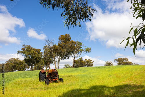 Classic old and rusty tractor in a lush field in spring, in the Chittering Valley in Perth, Western Australia photo