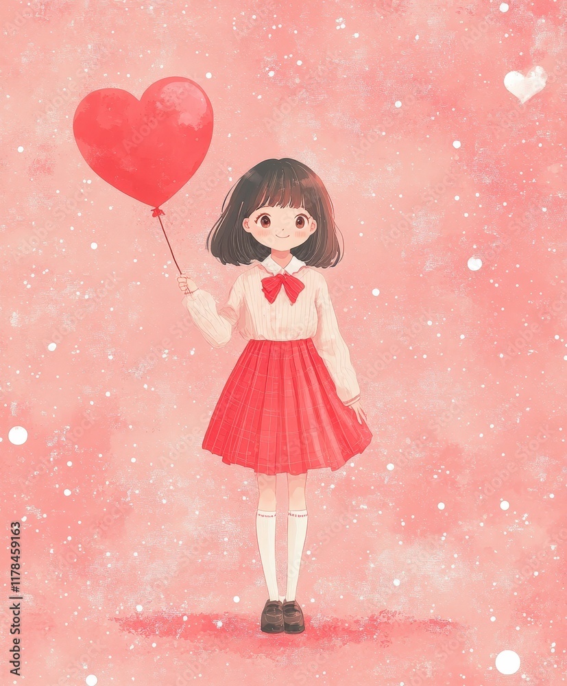 A girl joyfully clutches a vibrant red heart balloon, surrounded by a serene blanket of glistening snow, embodying love and warmth in winter's embrace. A girl joyfully clutches a vibrant red heart balloon, surrounded by a serene blanket of glistening snow, embodying love and warmth in winter's embrace.