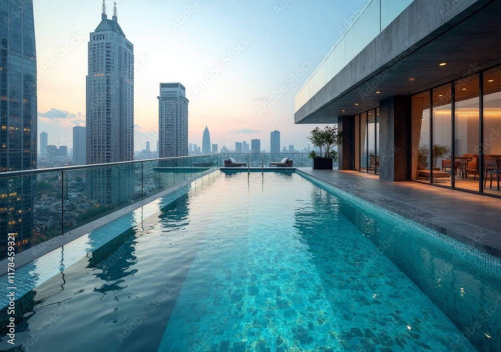 Obraz premium Luxury infinity pool with city skyline view at sunset in a modern skyscraper