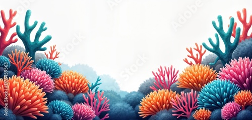 Fototapeta Naklejka Na Ścianę i Meble -  Colorful coral reef border. Vivid corals, underwater flora in various vibrant hues. Ocean ecosystem thrives. Artistic representation of underwater life. Aquatic environment. Tropical nature. Marine