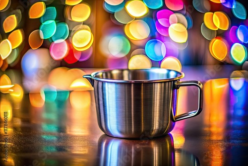 A gleaming 60ml stainless steel measuring cup, softly blurred background, perfect for food photography. photo