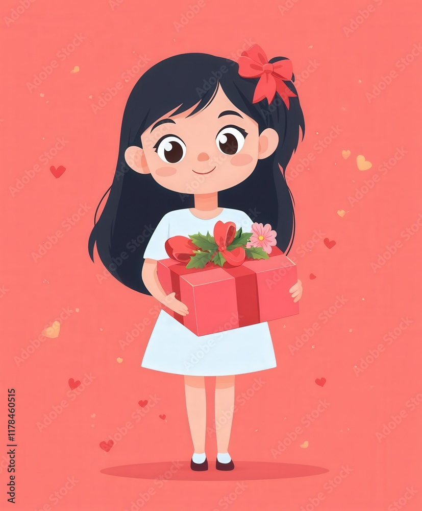 A cheerful cartoon girl smiles as she presents a beautifully wrapped gift box adorned with a bow, surrounded by vibrant flowers, radiating love and joy. A cheerful cartoon girl smiles as she presents a beautifully wrapped gift box adorned with a bow, surrounded by vibrant flowers, radiating love and joy.