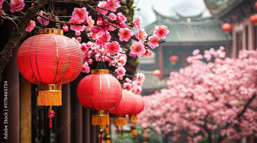 Fototapeta premium Charming Asian Lanterns and Blossoms