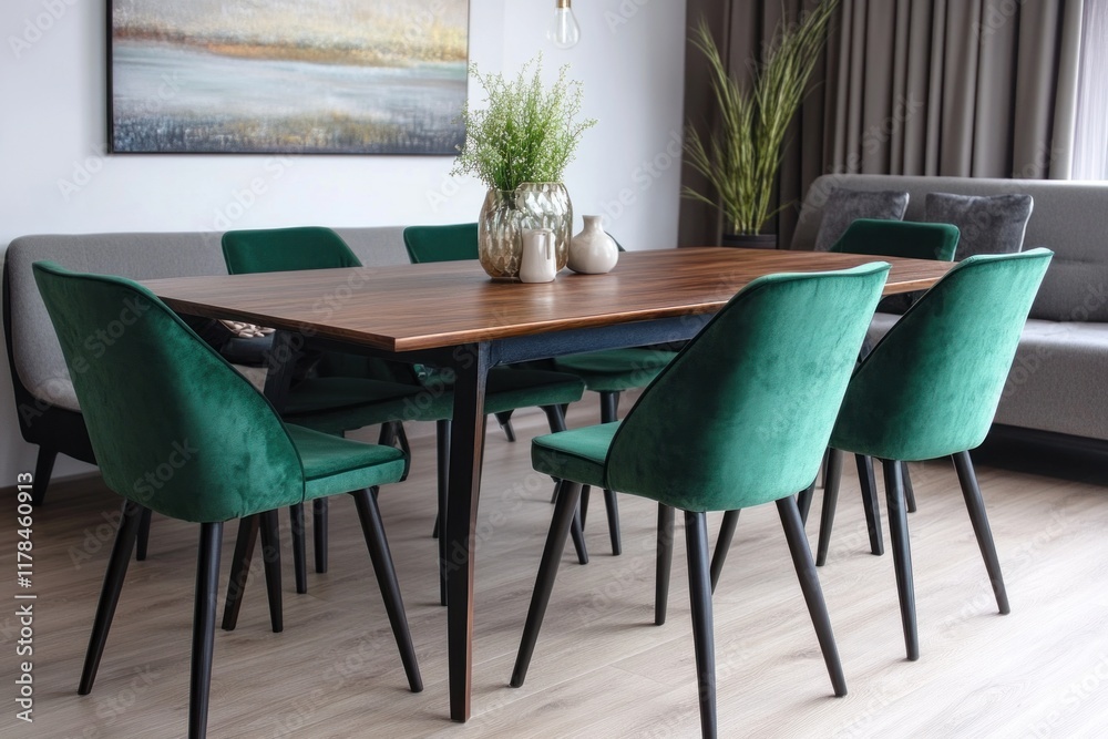 Obraz premium Modern dining room with wooden table and emerald green velvet chairs.