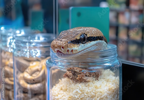 A Curious Snake Peeking Out from a Glass Jar Surrounded by Other Snakes and Rice in a Colorful Display of Reptiles and Nature at a Pet Store