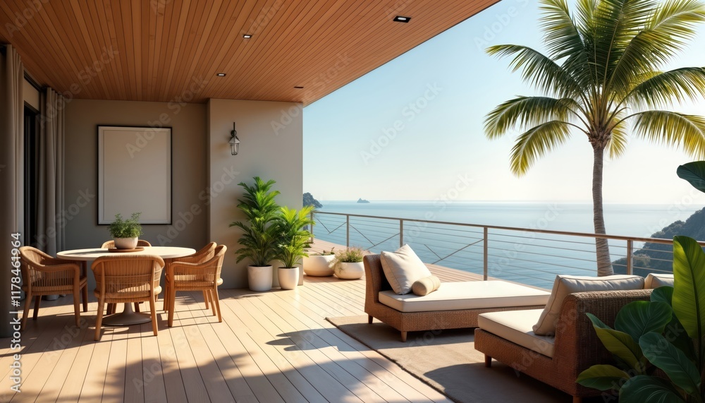 Fototapeta premium Luxury resort patio with ocean view. Outdoor living area with dining table, lounge furniture. Tranquil tropical atmosphere with palm trees. Relaxing vacation destination design. Stylish contemporary
